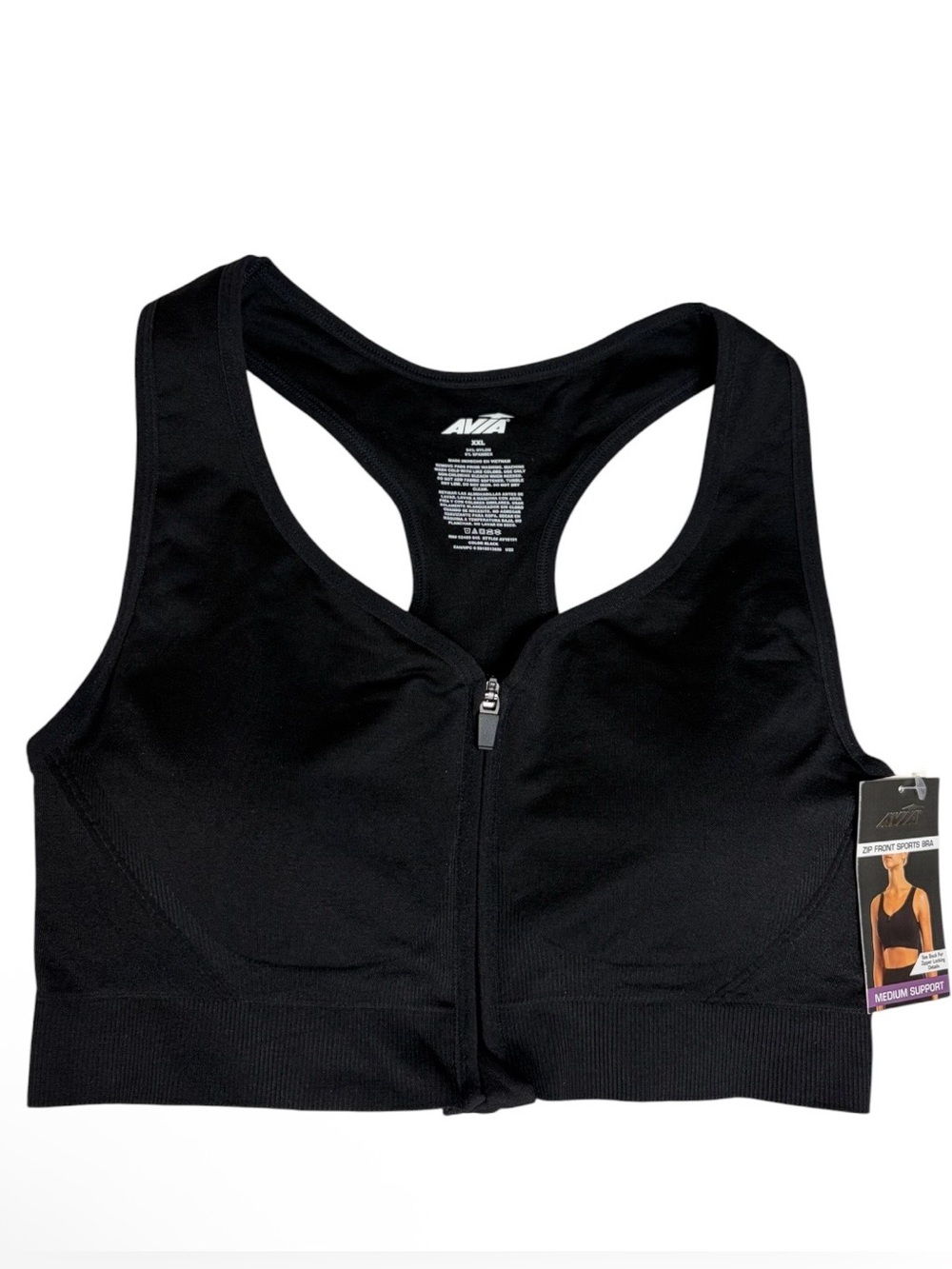 NWT black nylon zip front padded sports bra medium support size XXL